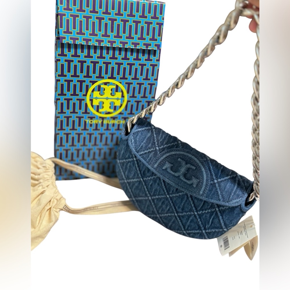 NWT Tory Burch Mini Fleming Soft Denim Crescent Bag